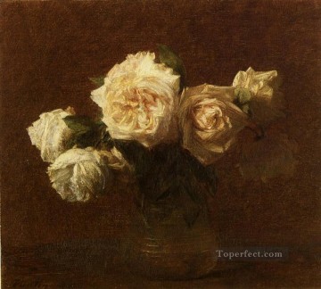  roses Oil Painting - Yellow Pink Roses in a Glass Vase flower painter Henri Fantin Latour